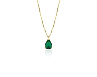 Emerald Solitaire Necklace, 14K Solid Yellow Gold Emerald Necklace, Pear Shape Emerald Necklace, May Birthstone, Green Emerald, Gemstone