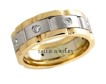 Platinum Mens Wedding Bands, Platinum Diamond Wedding Rings, 18K Solid Yellow Gold & Platinum Wedding Bands, Two Tone Rings