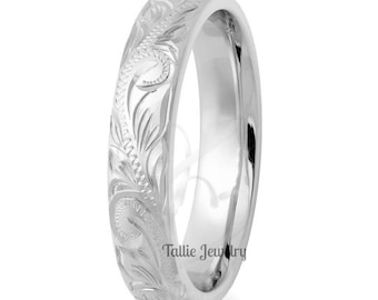 Platinum Hand Engraved Wedding Ring, Hand Engraved Platinum Mens & Womens Wedding Bands, Rings for Men, Platinum Hand Engraved Wedding Bands