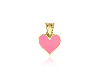 14K Solid Yellow Gold Heart Necklace, Heart Pendant, Pink Enamel Heart Necklace, Dainty Heart Necklace, Valentine Days Gift  Heart Charm