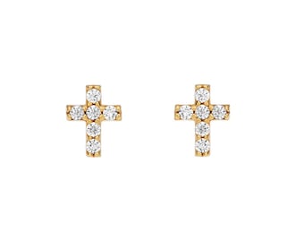 Cross Earrings, 14K Solid Yellow Gold Cross Earrings, Diamond Cz Cross Earrings, Minimalist Earrings, Push Back Gold Earrings, Stud Earrings