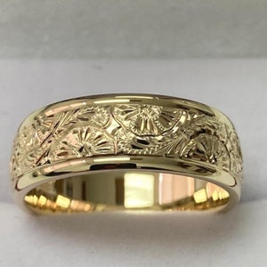 7mm 10K 14K 18K Solid Yellow Gold Hand Engraved Mens Wedding Bands, Hand Engraved Mens Wedding Rings, Hand Engraved Ring