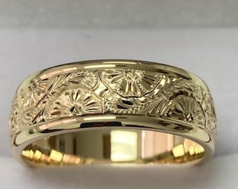 7mm 10K 14K 18K Solid Yellow Gold Hand Engraved Mens Wedding Bands, Hand Engraved Mens Wedding Rings, Hand Engraved Ring