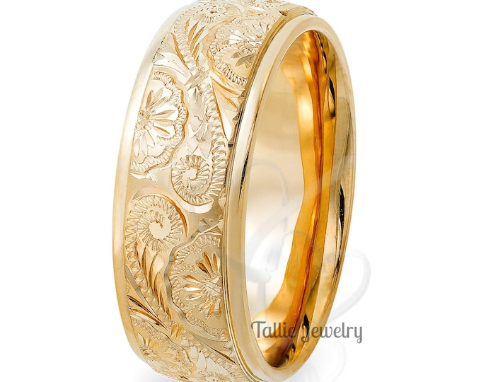 Featured listing image: 10K 14K 18K Solid Gold Wedding Ring for Men & Women, Yellow Gold Mens Wedding Band, Hand Engraved Mens Wedding Ring, Rings for Men