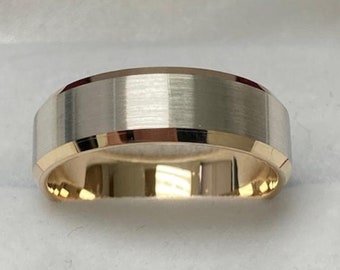 Two Tone Gold Wedding Bands, Beveled Edge Satin Finish Mens Wedding Ring, 7mm 10K 14K 18K White and Yellow Gold Wedding Bands, Rings for Men