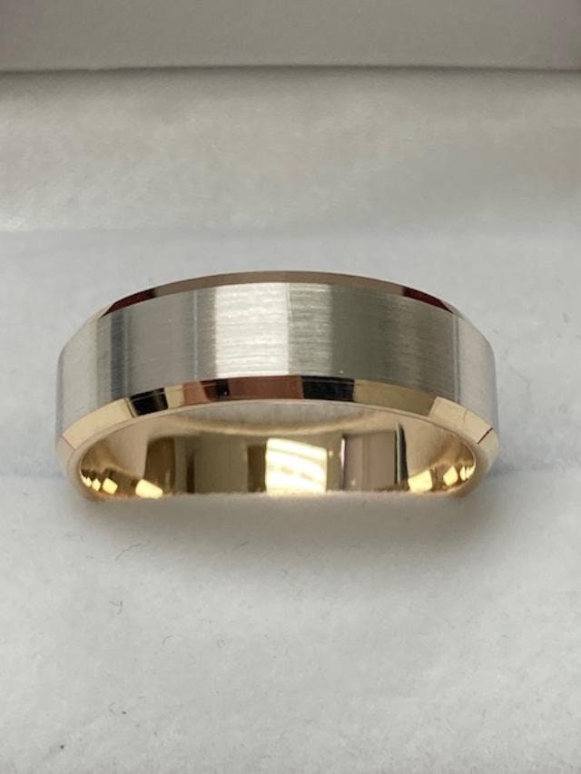 Two Tone Gold Wedding Bands Beveled Edge Satin Finish Mens Wedding Ring 7mm 10K 14K 18K White and Yellow Gold Wedding Bands Rings for Men Etsy