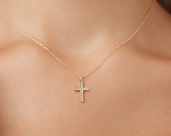 14K Solid Yellow Gold Cross Necklace, Small Cross Necklace, Minimalist Cross Necklace, Cross Pendant, Crucifix Cross Necklace in 14K Gold