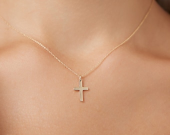 14K Solid Yellow Gold Cross Necklace, Small Cross Necklace, Minimalist Cross Necklace, Cross Pendant, Crucifix Cross Necklace in 14K Gold