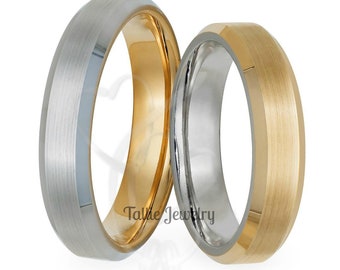 Matching Wedding Rings Set, His and Hers Wedding Bands, Two Tone Gold Wedding Ring