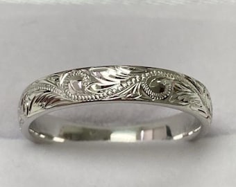 Hand Engraved Platinum Wedding Band,  Platinum Mens Wedding Ring, 950 Platinum Hand Engraved Band, Hand Engraved Ring