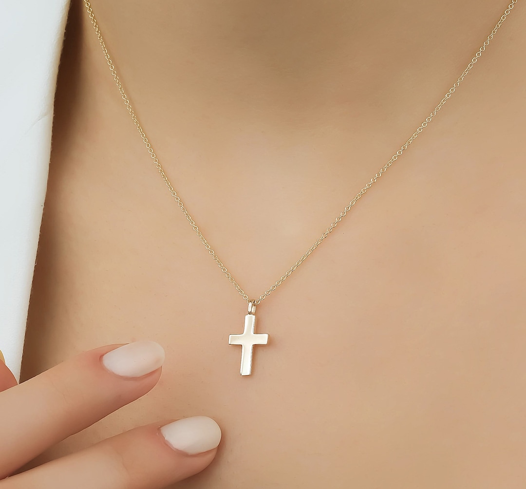 14K Solid Yellow Gold Cross Necklace Small Cross Necklace Cross Pendant Minimalist Cross Necklace Crucifix Cross Necklace Baptism Gift Etsy