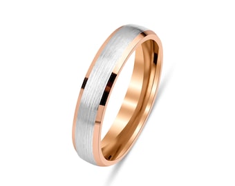 Two Tone Gold Wedding Bands, Satin Finish Beveled Edge Mens and Womens Wedding Rings, 5mm 14K Solid White and Rose Gold Wedding Bands