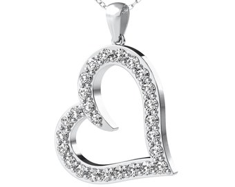 Diamond Heart Necklace, 14K Solid White Gold 0.55 Carat Natural Diamond Heart Necklace, Diamond Heart Pendant, Open Heart Necklace