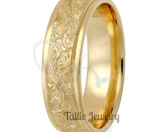 Hand Engraved Gold Wedding Bands ,Hand Engraved Gold Wedding Rings, Rings for Men , 6mm 10K 14K 18K Yellow Gold Mens Wedding Band