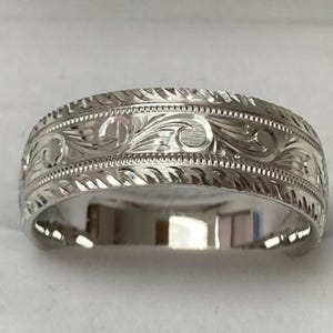 Hand Engraved Wedding Band, Hand Engraved Wedding Ring, 7mm 10K 14K 18K Solid White Gold Hand Engraved Mens Wedding Bands
