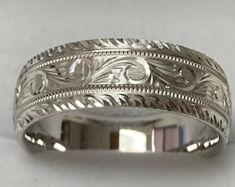 Hand Engraved Wedding Band, Hand Engraved Wedding Ring, 7mm 10K 14K 18K Solid White Gold Hand Engraved Mens Wedding Bands
