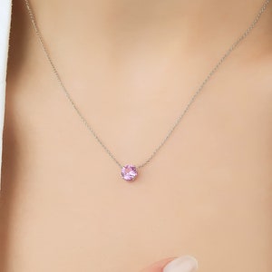 14K Solid White Gold Pink Sapphire Necklace,6mm Prong Setting Pink Sapphire Solitaire Necklace Womens Necklace, Gemstone