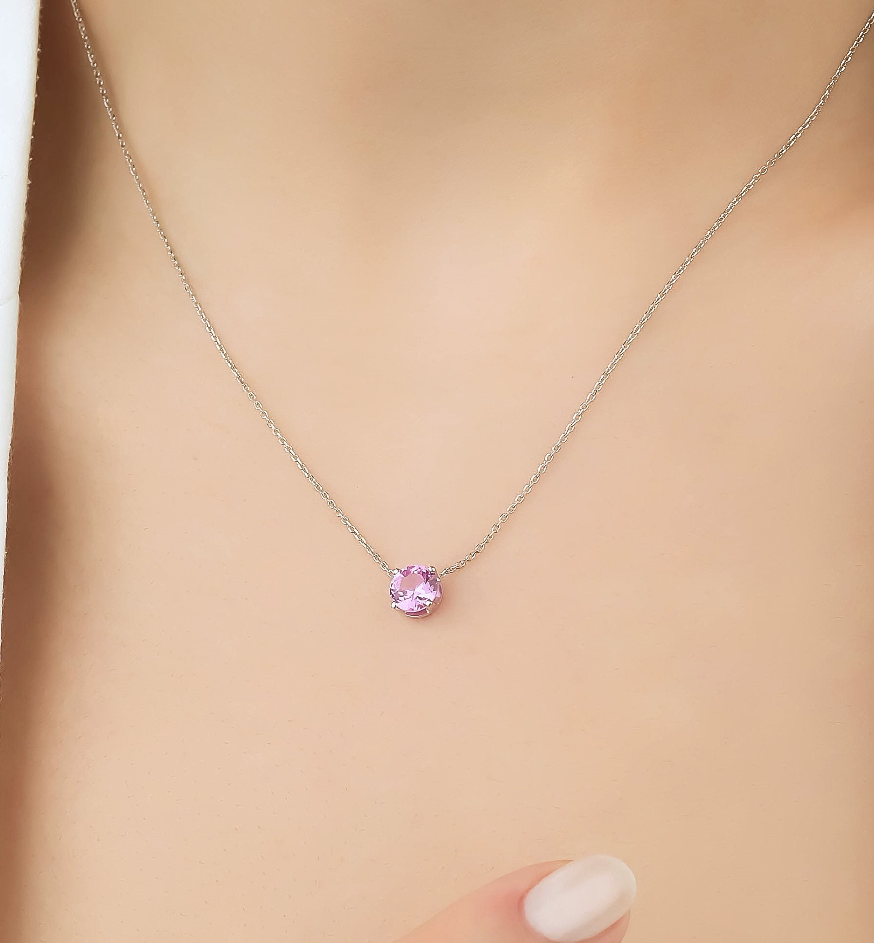 Buy 14K Solid White Gold Pink Sapphire Necklace 6mm Prong Setting Online in  India 