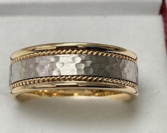 Two Tone Gold Wedding Bands, 8mm 10K 14K 18K White and Yellow Gold Mens Wedding Band, Hammered Finish Handmade Braided Mens Wedding Ring