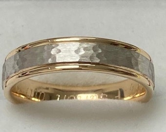 Two Tone Gold Wedding Bands, 5mm 10K 14K 18K Solid White and Yellow Gold Hammered Finish Mens and Womens Wedding Rings