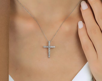 0.55 Carats Diamond Cross Necklace, 14K Solid White Gold Natural Diamond Cross Necklace, Diamond Cross Pendant, Baptism Gifts