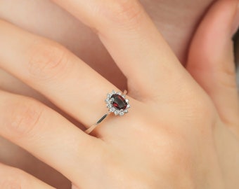 14K White Gold Diamond Wedding Ring, Garnet and Diamond Ring ,Engagement Rings, Gemstone Rings, Garnet Ring, Wedding Bands, Rings for Women