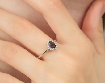 14K White Gold Diamond Wedding Ring, Garnet and Diamond Ring ,Engagement Rings, Gemstone Rings, Garnet Ring, Wedding Bands, Rings for Women