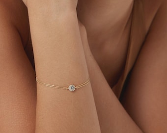 14K Solid Yellow Gold Round Evil Eye Bracelet