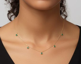 Emerald Necklace, 14K Solid Yellow Gold Station Emerald Necklace, May Birthstone, Green Emerald