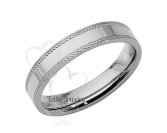 Plain Wedding Band for Mens and Womens , Classic Flat Milgrain Wedding Ring, 4mm 10K 14K 18K Solid White Gold Wedding Bands, Polished