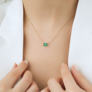 Emerald Necklace, 14K Solid Yellow Gold Emerald Cut Emerald Solitaire Necklace, Solitaire Emerald Necklace, May Birthstone, Green Emerald
