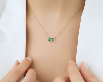 Emerald Necklace, 14K Solid Yellow Gold Emerald Cut Emerald Solitaire Necklace, Solitaire Emerald Necklace, May Birthstone, Green Emerald