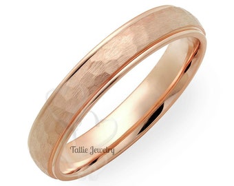 14K Solid Rose Gold Wedding Bands ,Hammered Finish Wedding Band for Men and Women, 4mm 10K 14K 18K Rose Gold Wedding Ring