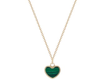 14K Solid Yellow Gold Minimalist Malachite Heart Necklace, Malachite Necklace , Small Heart Necklace, Green Malachite