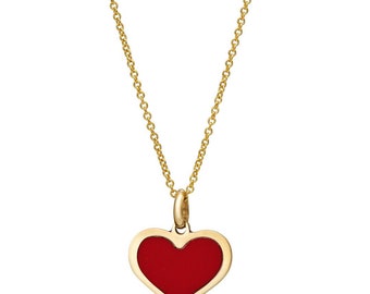 14K Solid Yellow Gold Minimalist Heart Necklace, Red Coral Heart Necklace, Heart Pendant, Red Coral Necklace