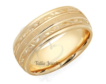 10K 14K 18K Solid Gold Wedding Ring for Men & Women, Yellow Gold Mens Wedding Band, Hand Engraved Mens Wedding Ring, Engraved Rings