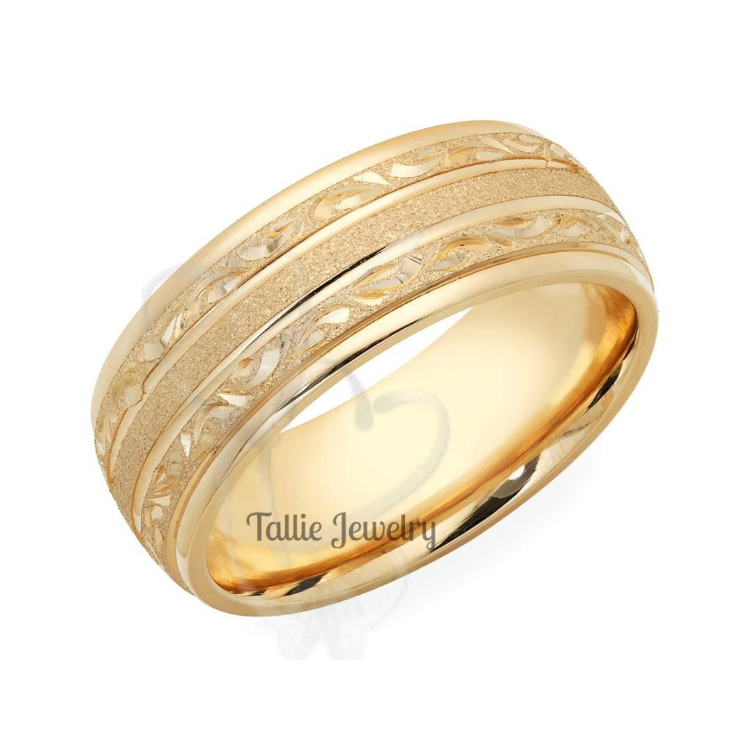 10K 14K 18K Solid Gold Wedding Ring for Men & Women, Yellow Gold Mens  Wedding Band, Hand Engraved Mens Wedding Ring, Rings for Men