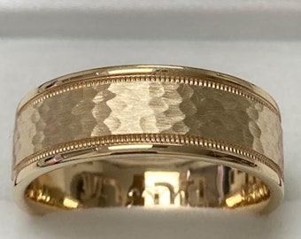 Hammered Finish Mens Wedding Bands, Milgrain Yellow Gold Mens Wedding Rings, 8mm 10K 14K 18K Solid Yellow Gold Wedding Bands