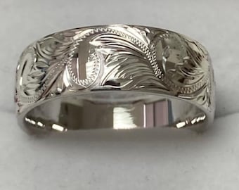 Hand Engraved Gold Wedding Bands,Hand Engraved Gold Wedding Rings,8mm 10K 14K 18K White Gold Wedding Bands, Hand Engraved Mens Wedding Band