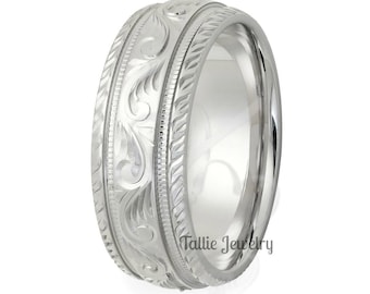 Hand Engraved Mens Wedding Bands, Hand Engraved Mens Wedding Rings, 7mm 10K 14K 18K Solid White Gold Wedding Bands