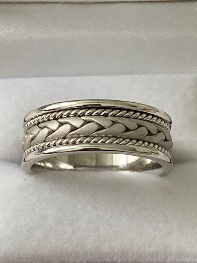 Mens White Gold Wedding Bands, Handmade Rope Braided Mens Wedding