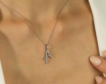 14K Solid White Gold Diamond Initial Necklace, 0.35 Carat Lab Grown Diamond Letter Necklace, Script Letter A Necklace, Initial Pendant