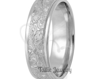 6mm 10K 14K 18K Solid White Gold Hand Engraved Mens Wedding Bands, Hand Engraved Mens Wedding Rings