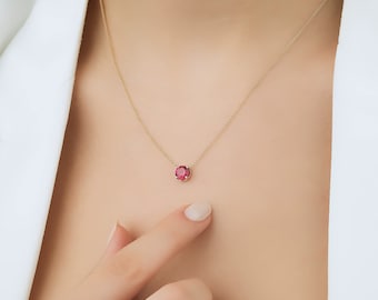 Ruby Necklace, 14K Solid Yellow Gold Solitaire Ruby Necklace, 6mm Prong Set Ruby Solitaire  Necklace, July Birthstone, Gemstone