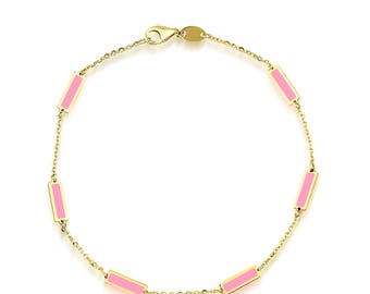 14K Solid Yellow Gold Pink Bracelet, Pink Bar Station Bracelet