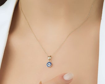 Minimalist Evil Eye Necklace,14K Solid Yellow Gold Round Evil Eye Necklace, Small Evil Eye Pendant, Nazar Necklace, Kabbalah, Gold Evil Eye