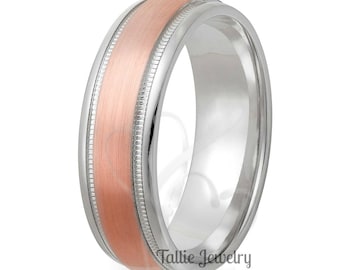 Two Tone Gold Wedding Bands, 7mm 10K 14K 18K White and Rose Gold Mens Wedding Rings, Two Tone Gold Mens Wedding Bands, Mens Wedding Rings