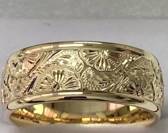 8mm 10K 14K 18K Solid Yellow Gold Hand Engraved Wedding Bands, Hand Engraved Mens Wedding Ring, Hand Engraved Mens Wedding Band, Comfort Fit