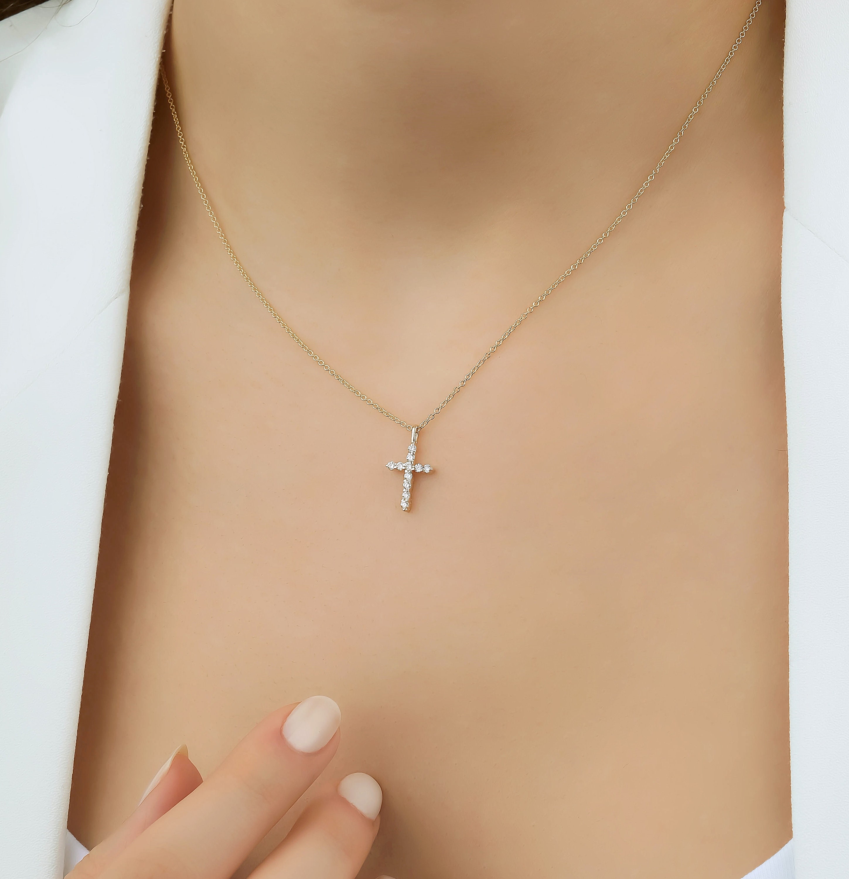14K Yellow Gold Diamond Cross Necklace 