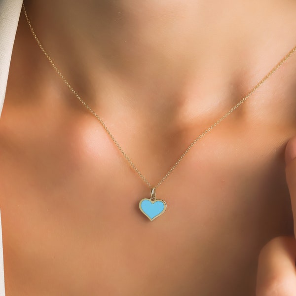 Collier coeur turquoise, collier coeur en or jaune 14 carats, petit pendentif coeur turquoise, collier coeur en or, collier coeur minimaliste